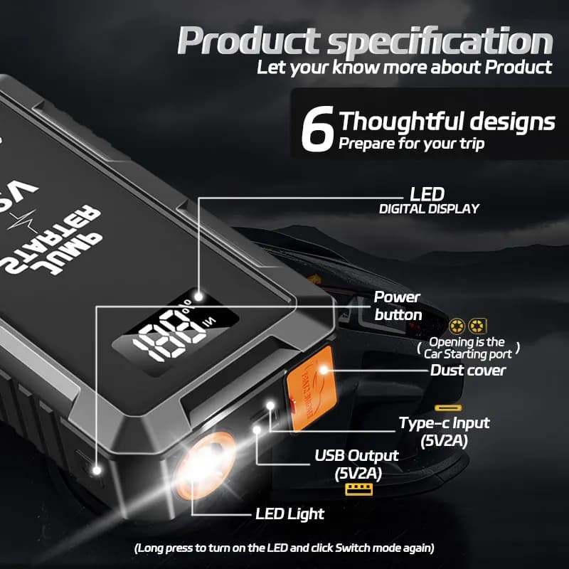 Avviatore di Emergenza 6000A, Caricabatterie Auto DC 150W, Schermo LED 3.3, Torcia 600 Lumen, Dispositivo di Avviamento Super Potente