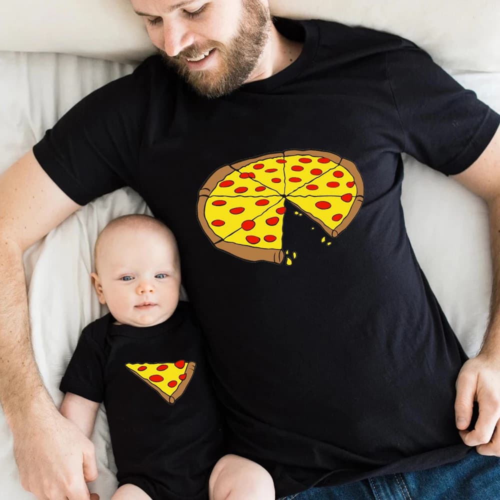 Funny Pizza Print Father Mother Kids T-Shirt Baby Bodysuit Cotton Summer Family Matching Outfits Look Mom Dad Me Match Clothes