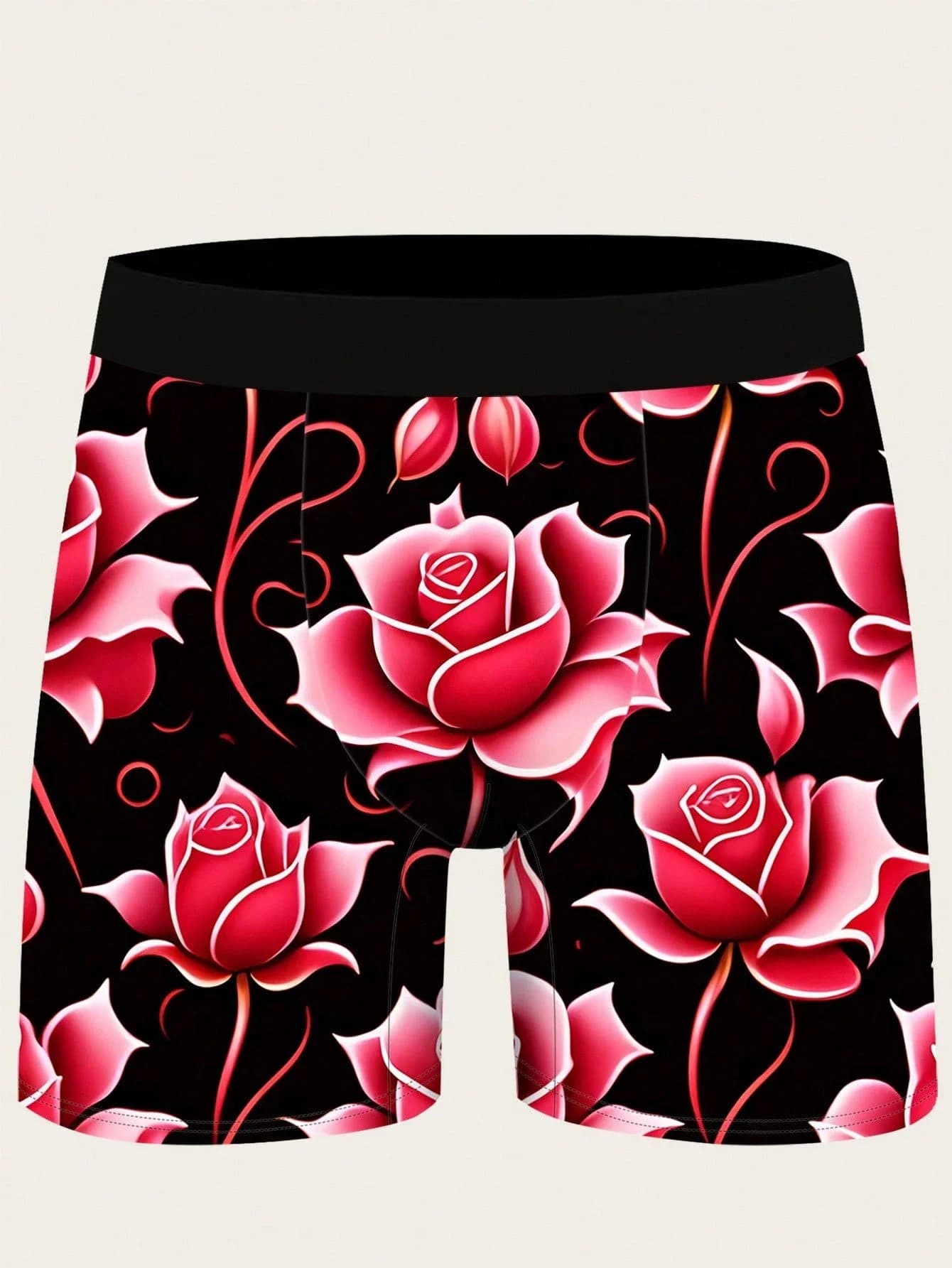 Mens Polyester Boxer Briefs Red Rose Floral Print Soft Stretch Underwear