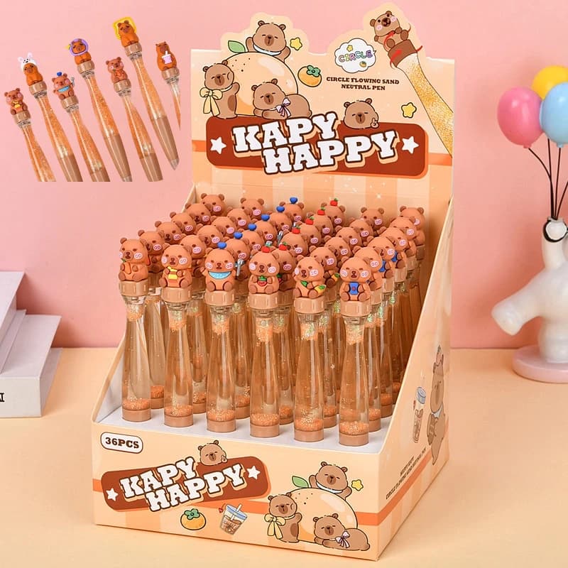 Set di 36 Penne Gel Capibala con Disegni Cartoon, 0.5mm Nere, Creative con Effetto Sabbia Mobile, Penna Antistress per Studenti, Cancelleria