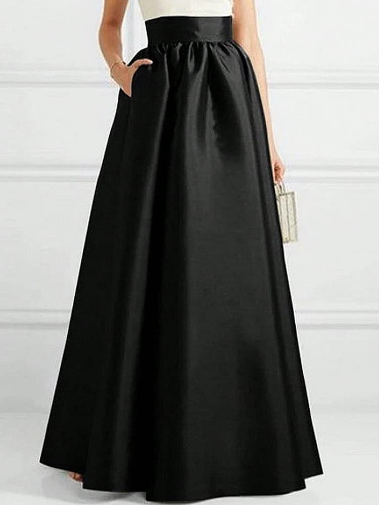 Elegant A-line Long Skirts for Women High Quality Polyester Smooth Party Maxi Skirt with Pockets Y2K Lady Solid Women's Skirts