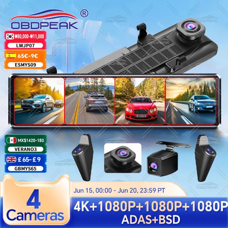 4K Dash Cam Record a 4 canali 1080P ADAS BSD Car DVR WIFI APP Specchietto retrovisore Videoregistratore automatico Telecamera Ultra HD 24H Parcheggio