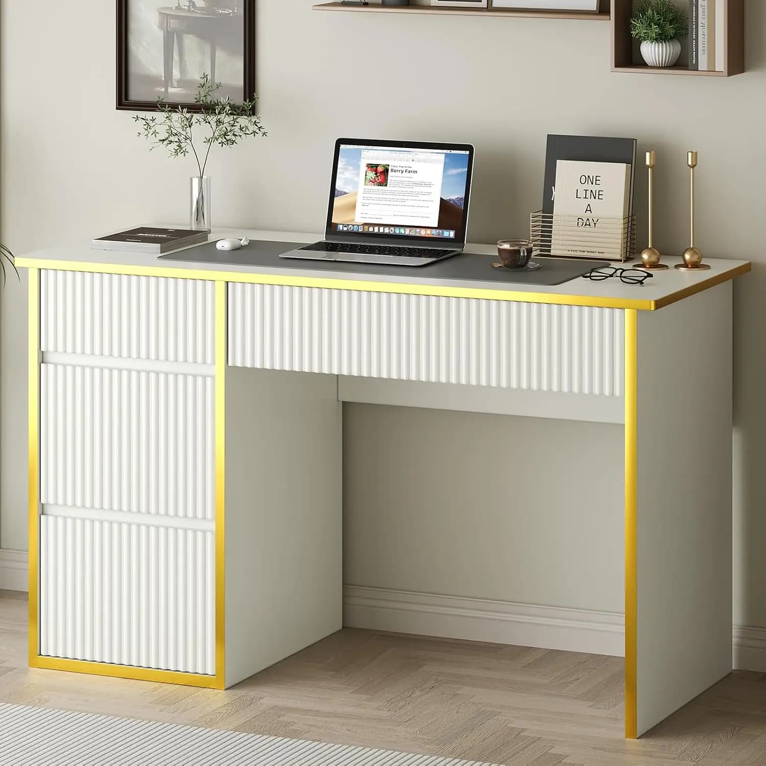 Scrivania in Legno Bianco con Cassetti, Armadietto Portadocumenti, Maniglia Nascosta, 48 Pollici, Tavolo da Studio/Toeletta, Personalizzabile