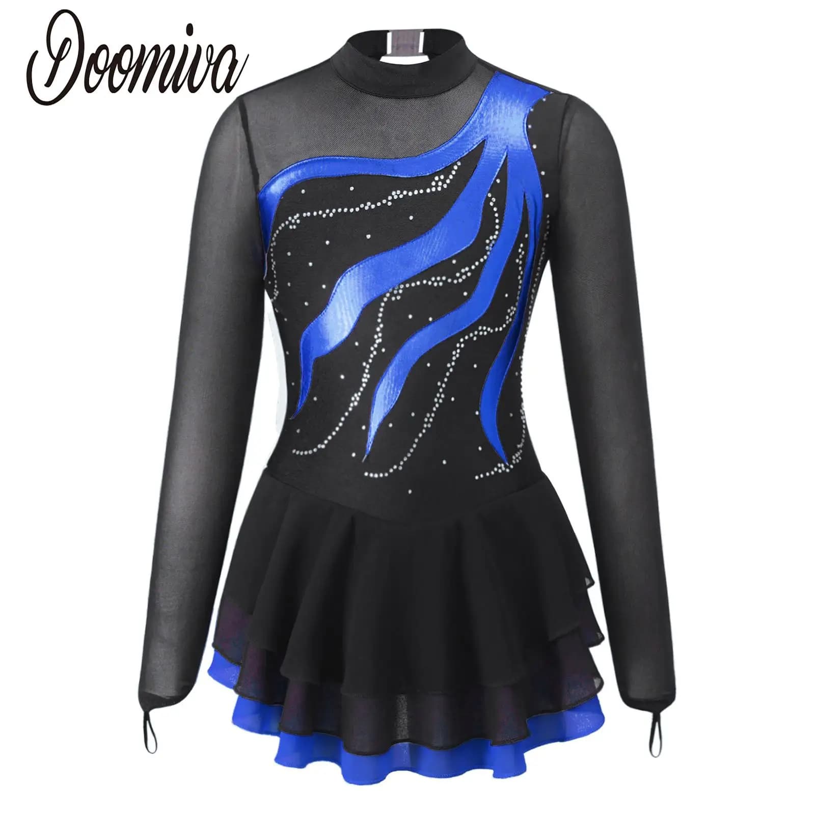 Body per ragazze Ginnastica Figura Pattinaggio su ghiaccio Vestito Lirico Dancewear Sheer Mesh Manica lunga Body con gonna Balletto Abito moderno