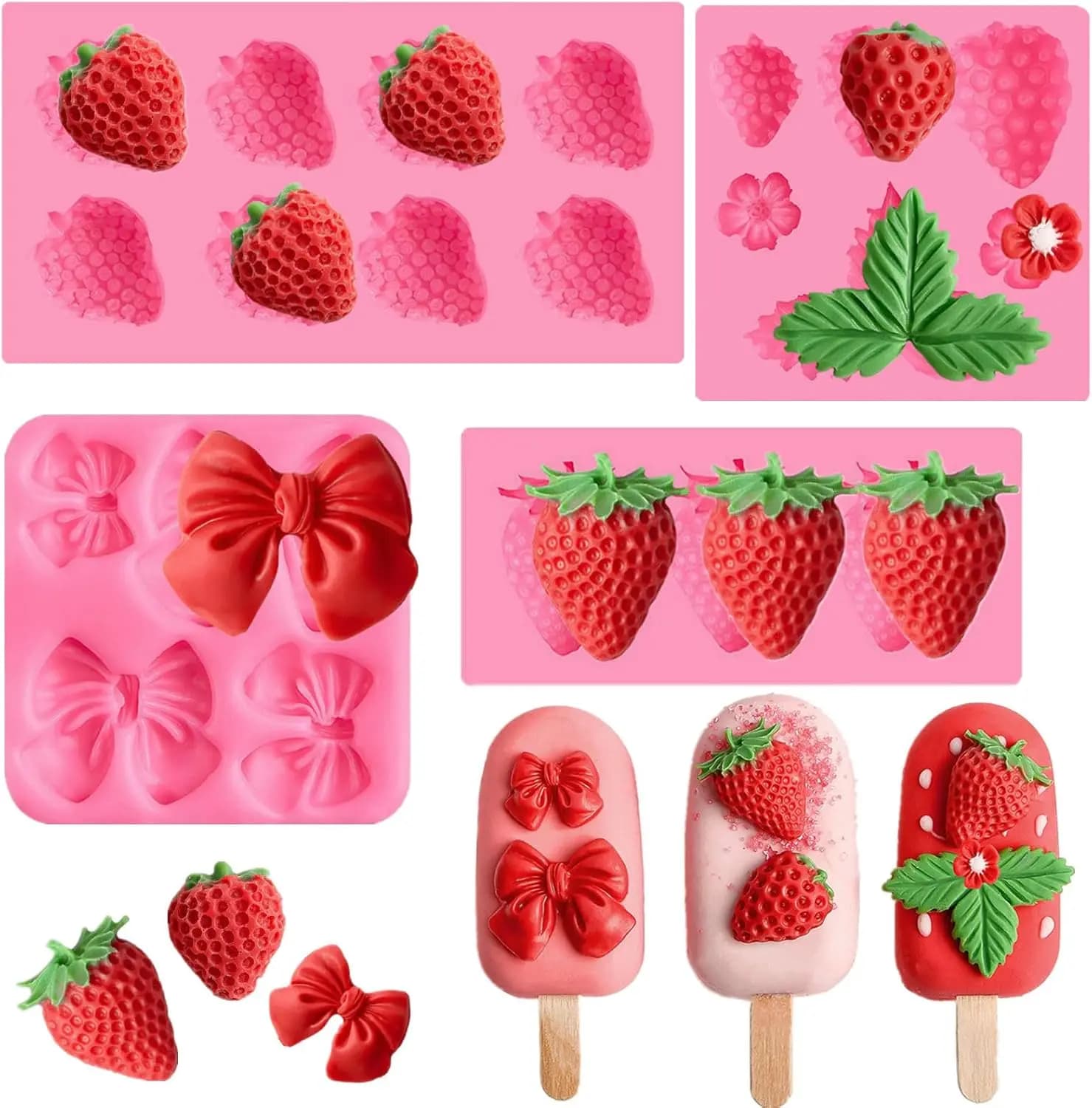 4PCS Strawberry Fondant Molds, Bow Fondant Silicone Molds, Fruit Baking Mold for Cake Decorating, Cupcake Topper, Chocolate, Candy, Candle, Clay