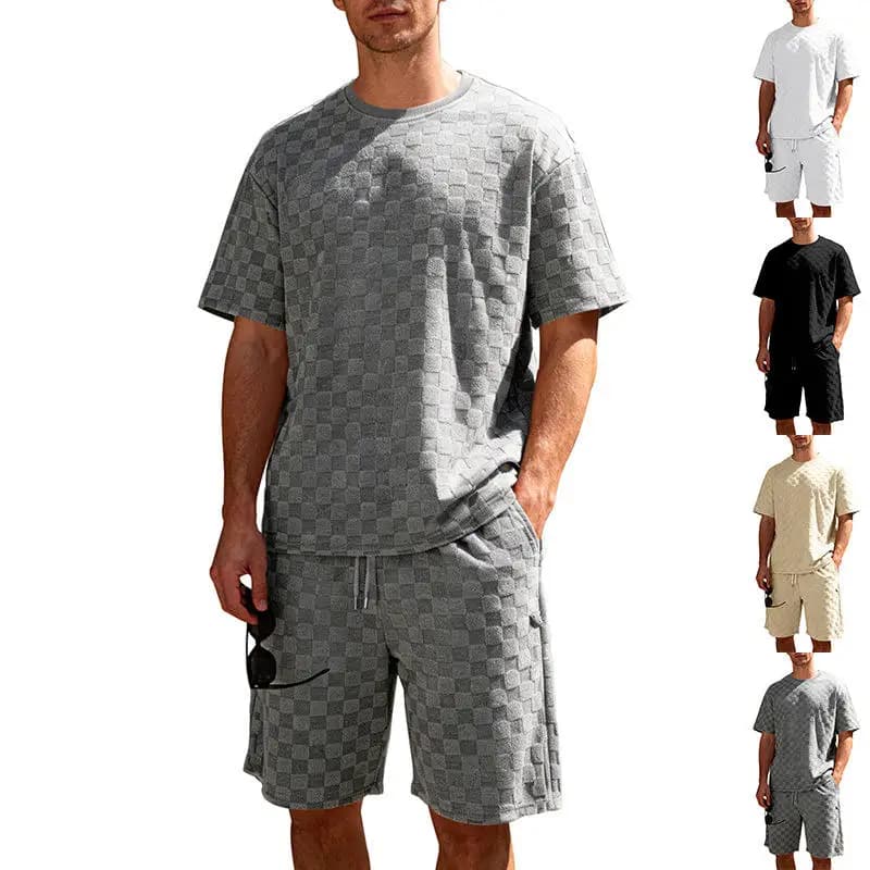 Nuovo Completo Estivo da Uomo Casual Streetwear Pesante Ricamato a Scacchi, T-shirt a Maniche Corte e Pantaloncini Larghi, Stile Giovanile