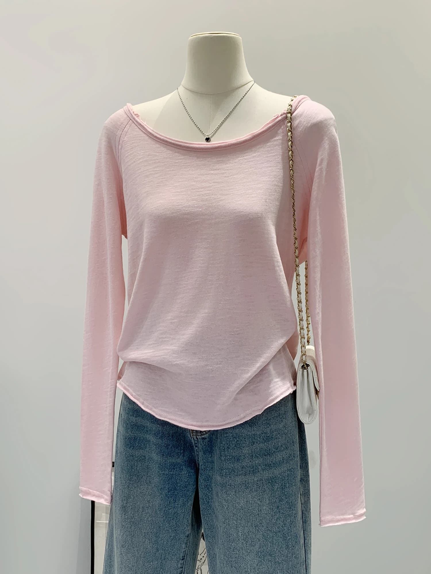 Pink Pure Cotton round Neck Base Shirt T-Shirt Women's Loose Long Sleeve Top Inner Wear Commute Style Korean Version Universa...
