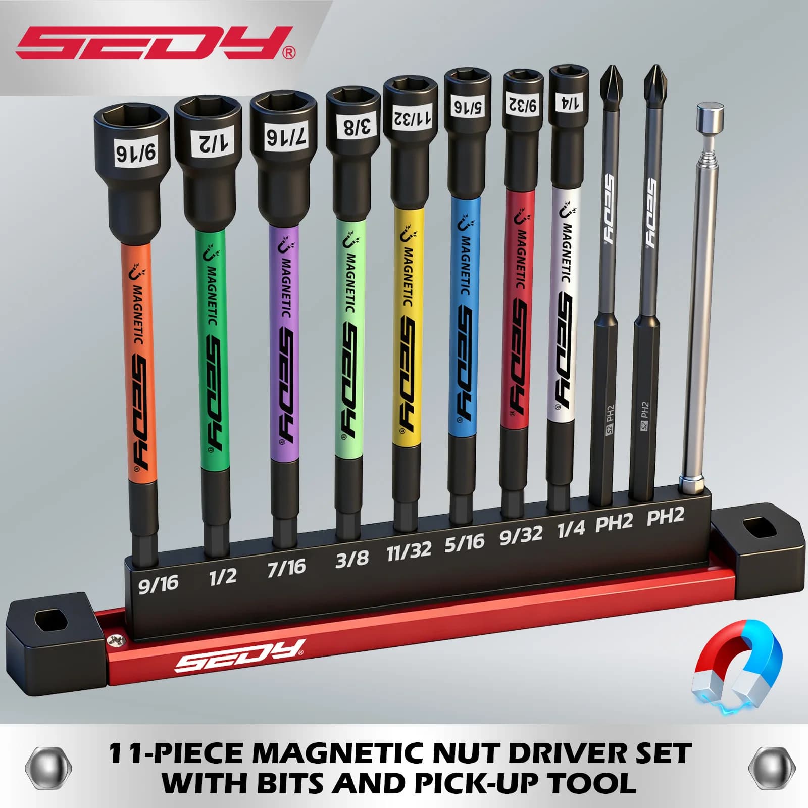Set di chiavi a bussola magnetiche SEDY da 11 pezzi SAE 9/16"-1/4", con chiave a bussola a impatto da 6 pollici + punte PH2, attrezzo telescopico da 1,5 libbre e barra, in acciaio S2