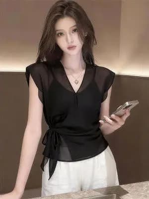 Black V-neck Micro-translucent Short Chiffon Shirt Women's Belted Waist Tie Summer New Style Fashionable French Style Blouse