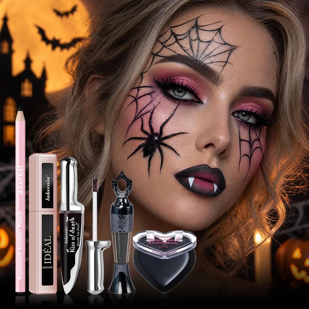 6pcs Dark Blush Lip Stain Mascara Eyeliner Set Gothic Vampire Matte Waterproof Long Lasting Halloween Cosplay Makeup