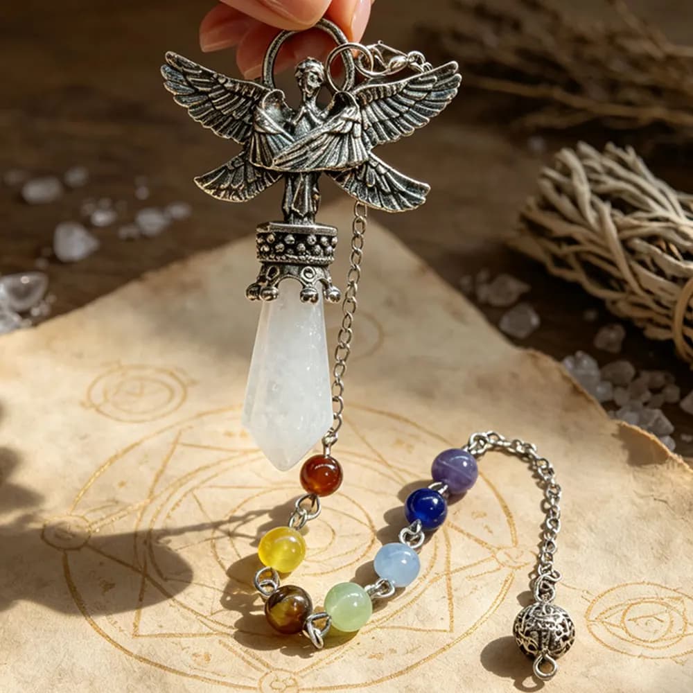 Vintage Angel Wing Crystal Pendulum for Divination Dowsing Natural Gem Stone Fluorite Clear Quartz Pendant Chakra Pendulos X460
