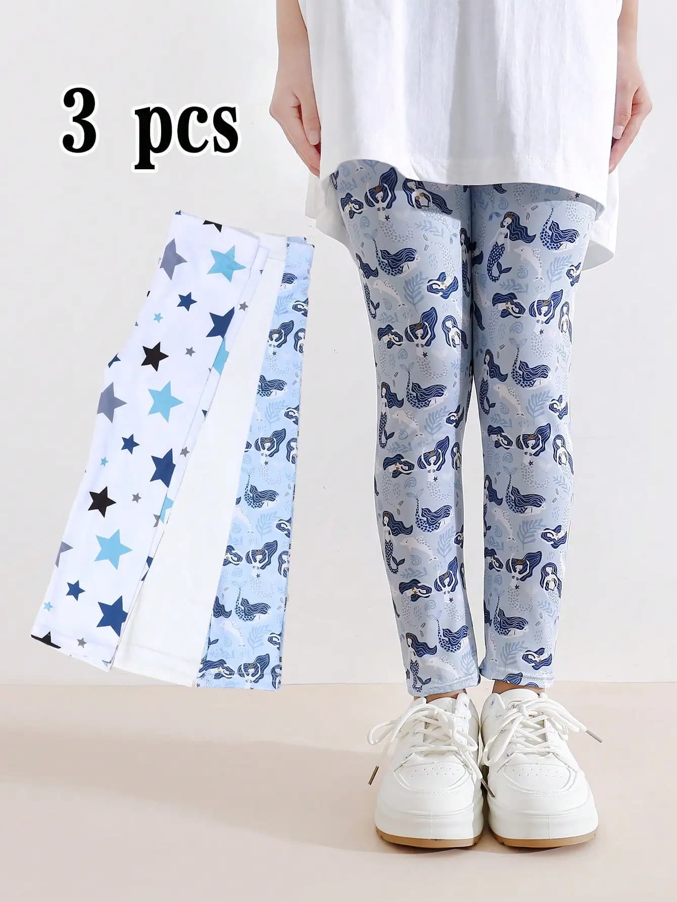 3Pack Girls Cartoon Print Stretch Leggings Breathable All Season Casual Pants Daily Inner Outer Bottoms Fit Kids 2-12 Years Old