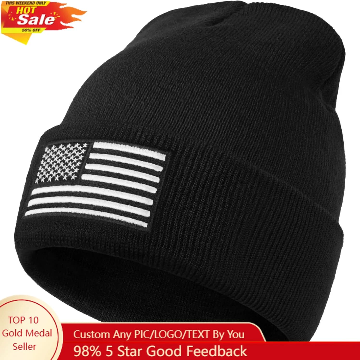 American Flag Embroidered Beanie Winter Hat for Men Women, Multi-Season Military Tactical Gear Police Army Winter Warm Hat