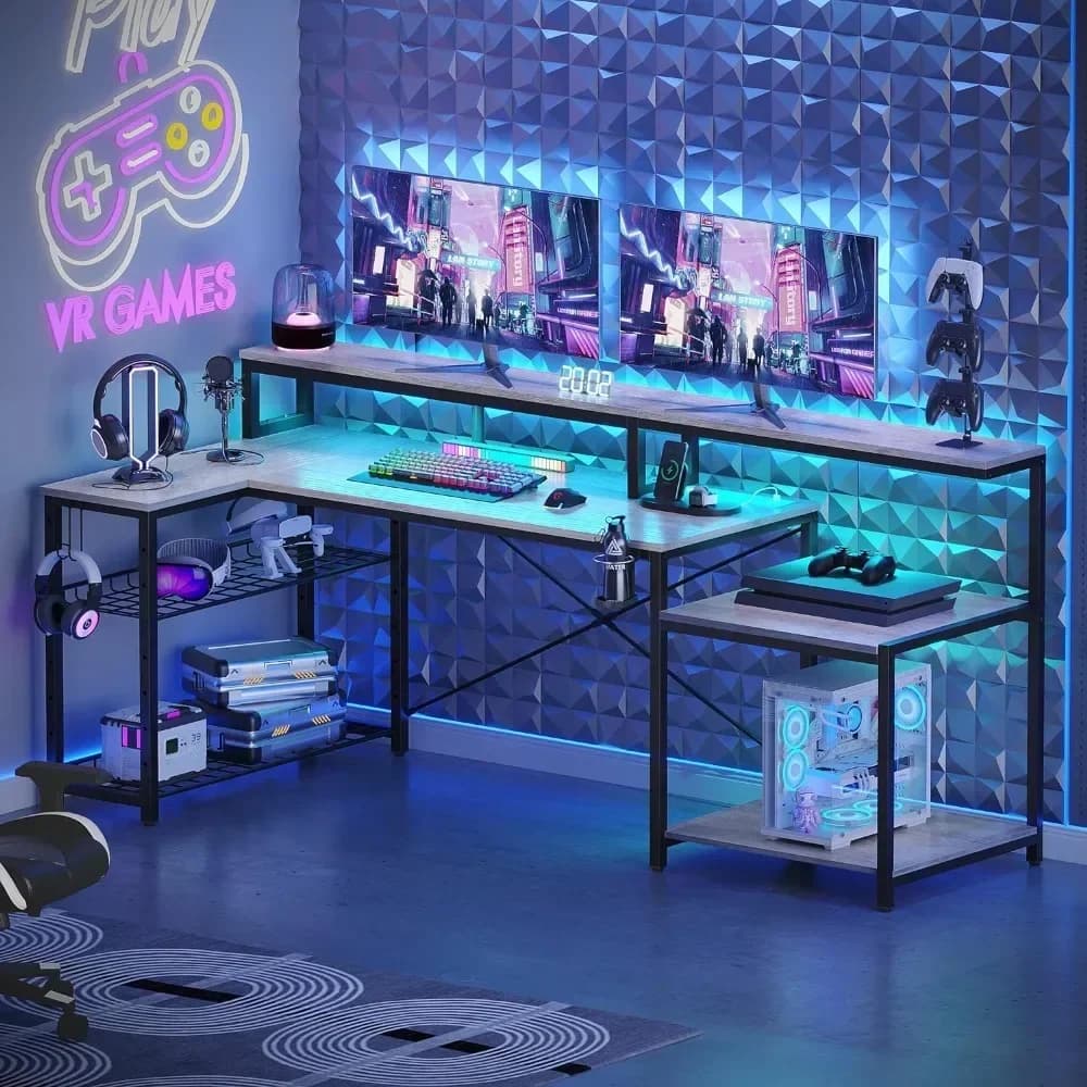 A 71.5 inch computer desk with power sockets, LED office desk with long monitor support, large corner desk with storage shelf