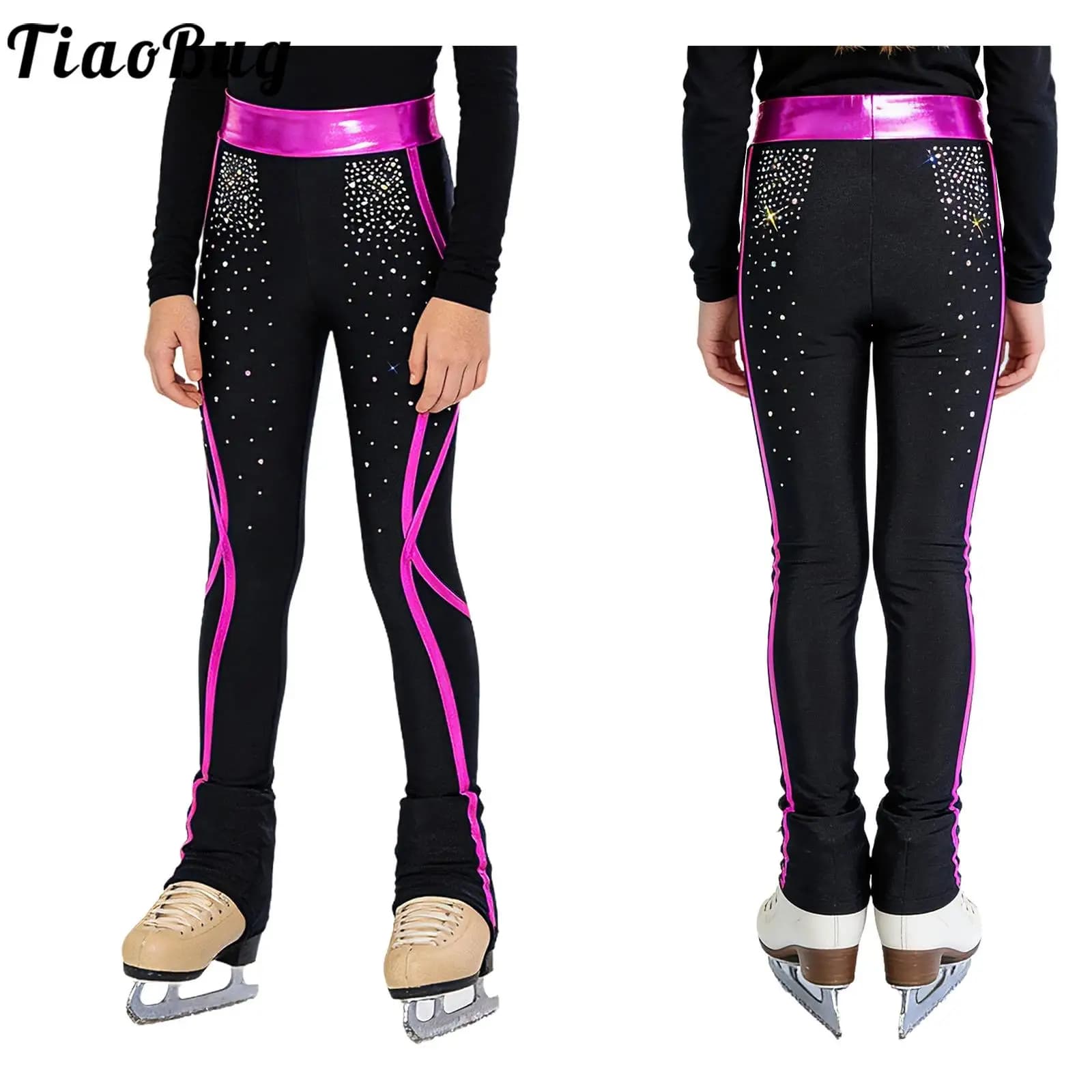 Pantaloni per Pattinaggio Artistico per Bambine, Leggings con Elastico Metallizzato e Strass per Danza, Ginnastica, Pratica e Performance
