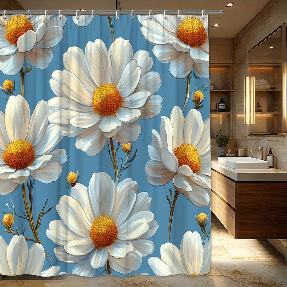 Tenda da doccia con margherita bianca da 1 pezzo: centri gialli su sfondo blu, motivo floreale realistico, poliestere, arredamento per il bagno