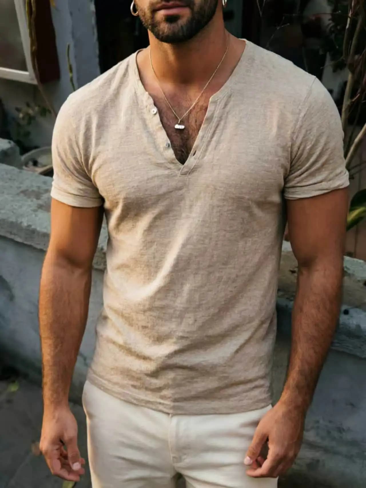 T-shirt da uomo in cotone e lino con scollo a V, maniche corte, diversi colori, casual, traspirante, comoda e versatile