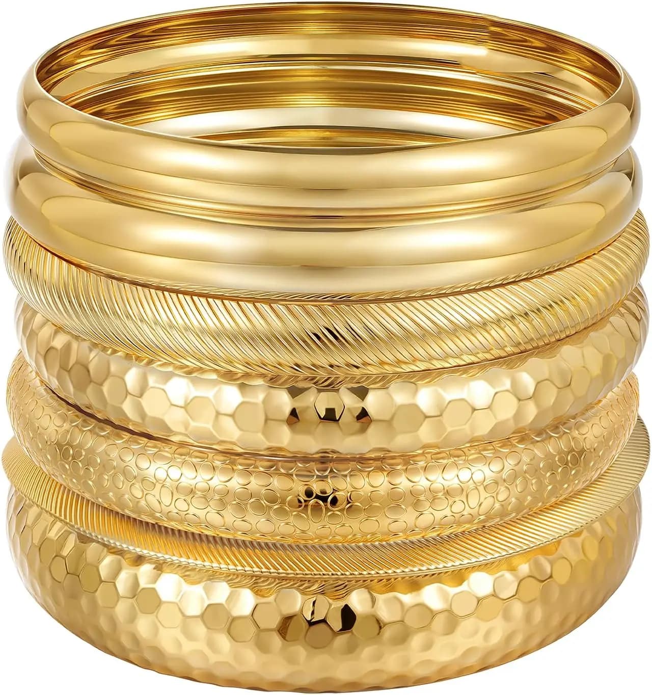 Bracciali a fascia in oro per donna, set da 7 bracciali impilabili in stile boho indiano placcati oro 14K con texture.