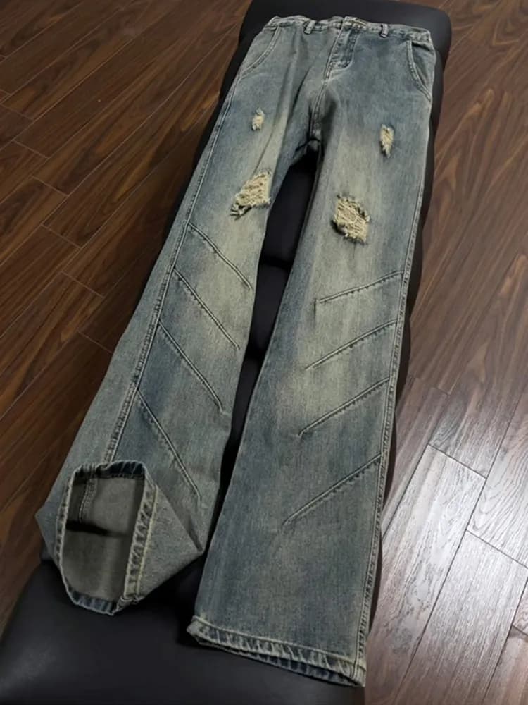 Cleanfit American Style Shark Gills Pleated Men's Jeans Design Sensation Pants Vibe Micro Flared Knife Hole Jeans