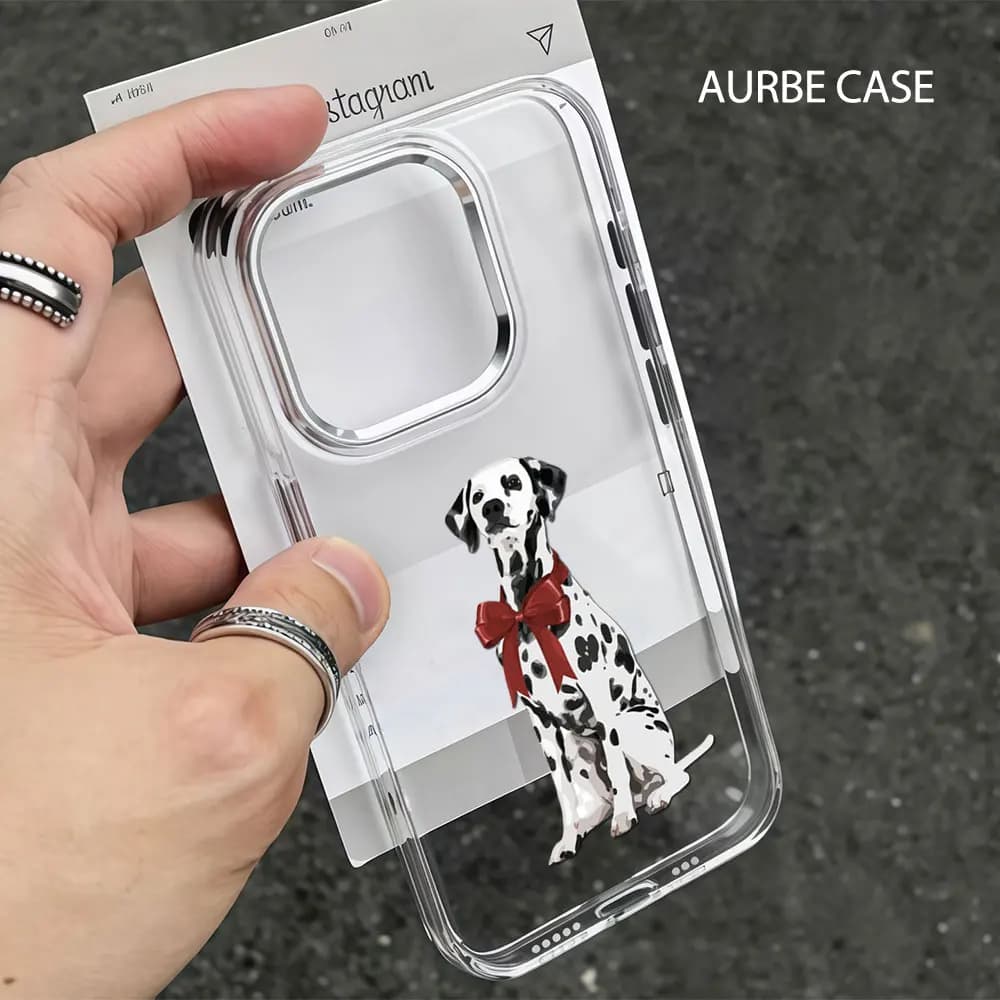 Aurbe Phone Case For iPhone 17 16 15 14 13 12 11 Pro Max 16E Silver lens frame transparent shell Dalmatian with Ruby Bow Cover