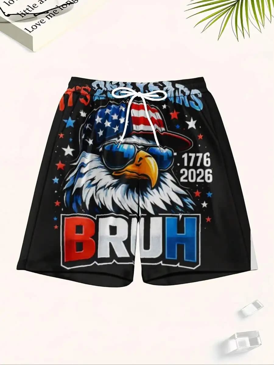 Pantaloncini da spiaggia patriottici da uomo con occhiali da sole a forma di aquila, cappello 1776 2026 Bruh Design