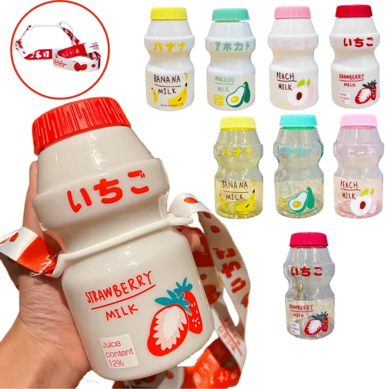 Bottiglia d'acqua in plastica da 480 ml Tour Bottiglia per bere con cinturino per tazza Bottiglia shaker per cartone di latte Kawaii carina per bambini/ragazza/adulti