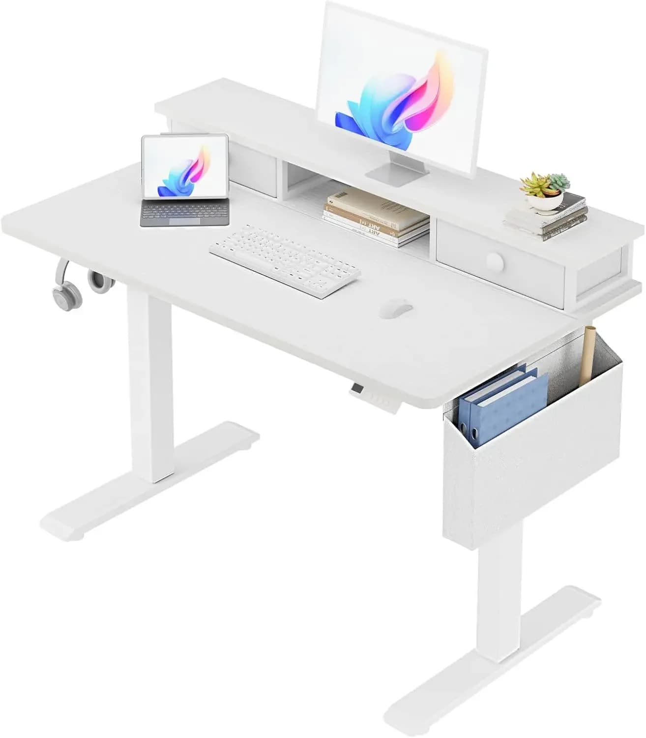 White Electric Standing Desk with Drawers - 40 Inch Small Standing Desk with Shelf Monitor Stand Storage Height Adjustable