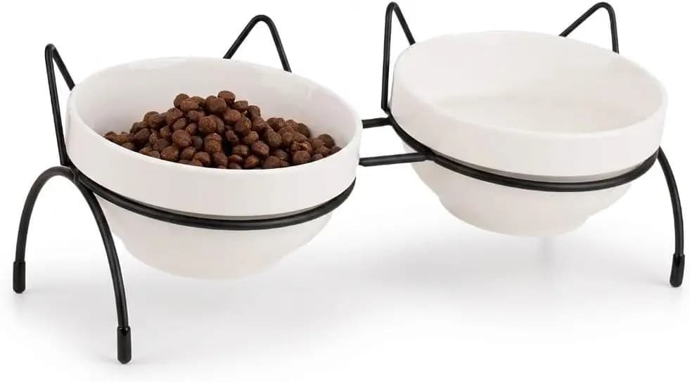 Set di ciotole per cibo e acqua per gatti, doppie ciotole in ceramica per animali domestici con 15 ° Supporto rialzato inclinato, stazione di alimentazione elevata con due ciotole rimovibili