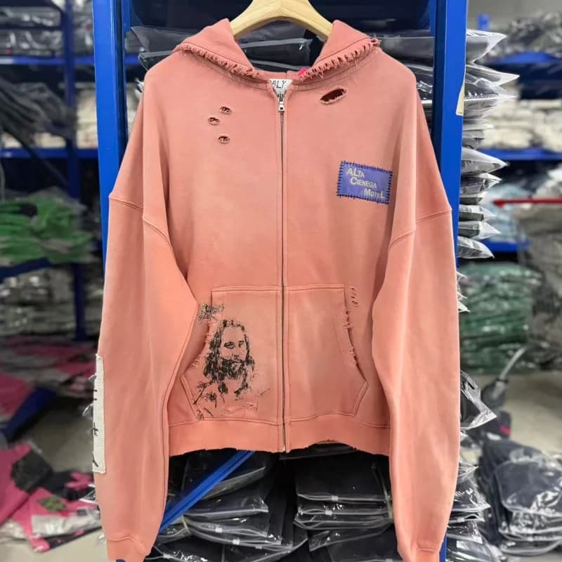 Acid Wash Dusty Pink Destroyed Full Zip Hoodie Multi Patch Frayed Edge Sweatshirt