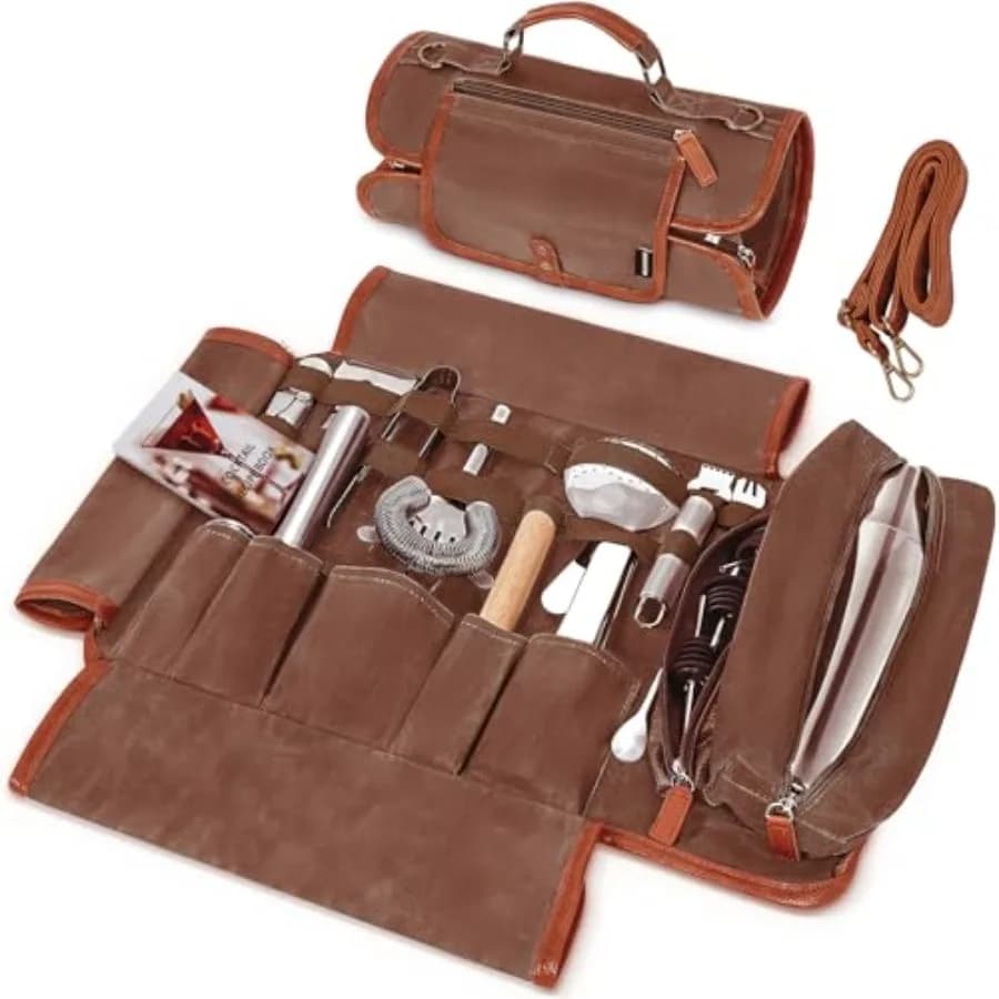 Travel Bartender Kit Bag with 22-Pc Cocktail Shaker Set Waxed Canvas Protable Carrying Bartender Bag with Stainless Steel Bar T
