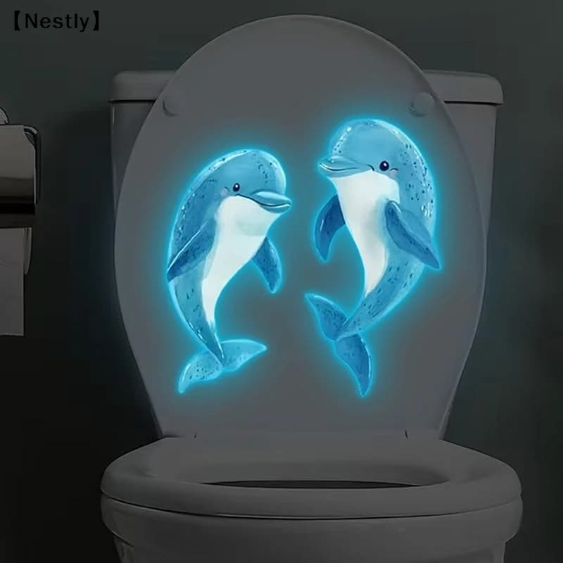 Adesivo per WC a forma di delfino blu che si illumina al buio, adesivo da parete per vetro, adesivo per bagno, adesivo decorativo per la casa, rimovibile, autoadesivo〔Nest〕