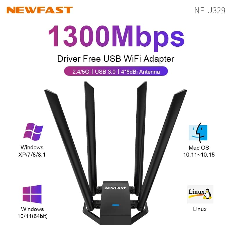 Newfast Adattatore USB WiFi Dual Band 2.4G e 5Ghz WiFi Dongle 4 Antenna 802.11AC USB3.0 Scheda di rete Ricevitore scheda wireless PC/laptop