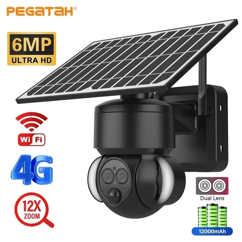 NUOVA Telecamera Solare 4G 6MP 12X per Esterni, Doppia Lente HD Wireless, Telecamera di Sicurezza PTZ con Batteria e Luce
