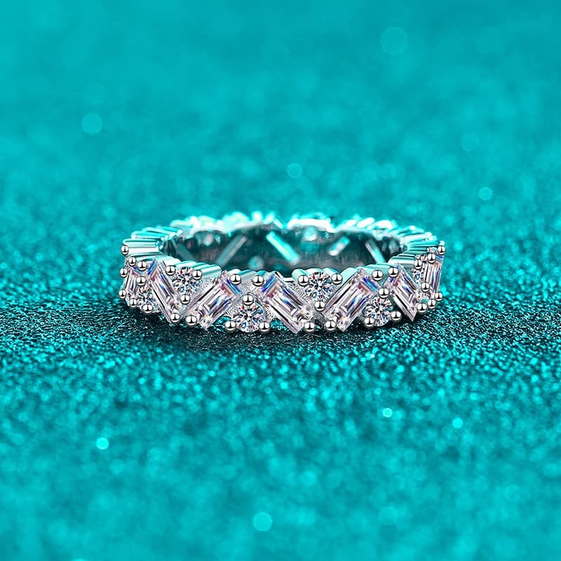 Moissanite Ring – S925 Sterling Silver Full Moissanite Rectangular Beveled Band, Light Luxury Glamorous Delicate Trendy Gift for
