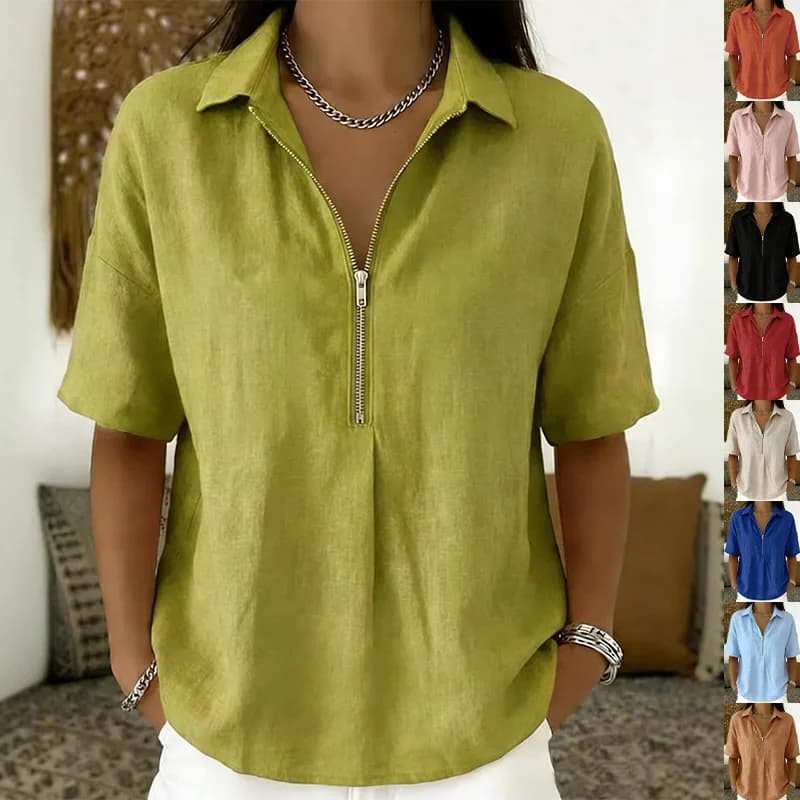 Elegante Camicetta da Ufficio con Colletto Rovesciato e Cerniera, Comoda Maglietta Larga a Tinta Unita per Primavera, T-Shirt Estiva a Maniche Corte, Camicia Casual Stile Harajuku