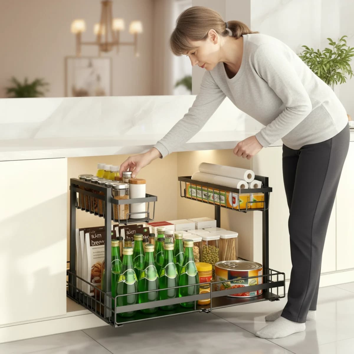 2-Tier Expandable Under Sink Organizer, Sturdy Metal Frame Adjustable Storage Rack for Kitchen Bathroom Cabinet, Multi-Purpose