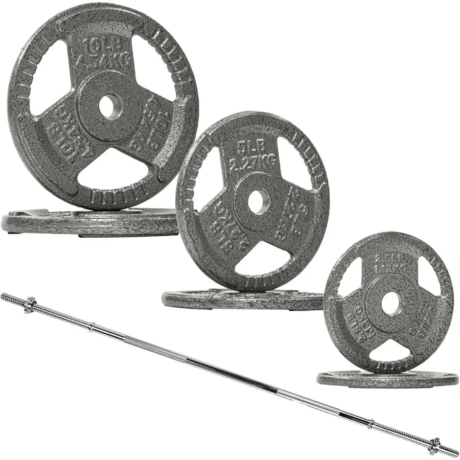 Piastre pesi standard da 1" comprese barra bilanciere standard da 5 piedi e serrature a stella, set da 45 libbre (piastre da 135 libbre + barra bilanciere da 10 libbre
