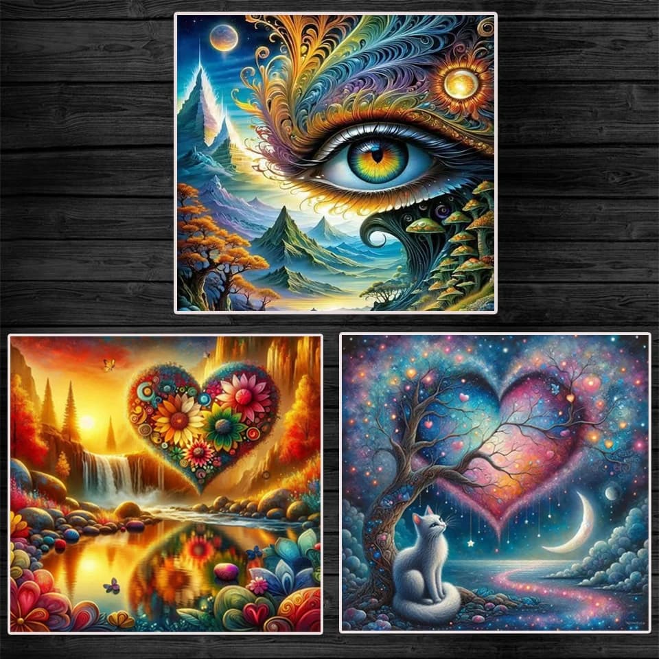 Kit di pittura diamante fai da te Paesaggio fantasy Mosaico completo Diamante Ricamo a forma di cuore Fiore Albero Gatto Cascata Punto croce Regalo