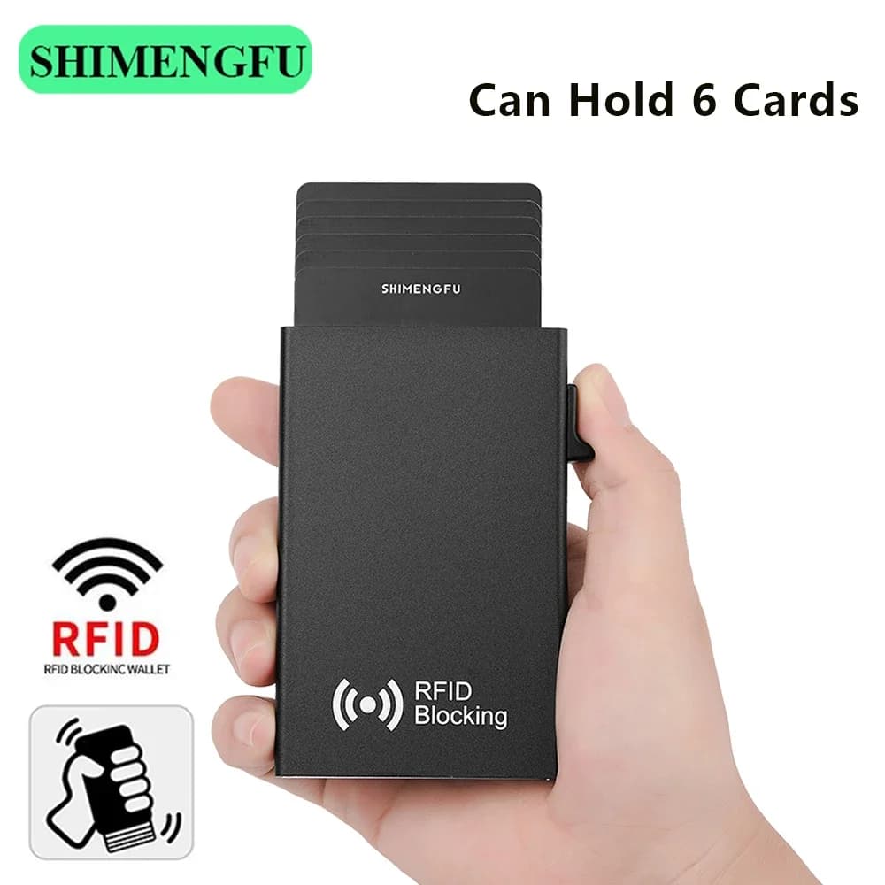 Portafoglio Minimalista Sottile in Metallo con Blocco RFID e Funzione Pop-Up Intelligente, Protezione per Carte di Credito da Uomo
