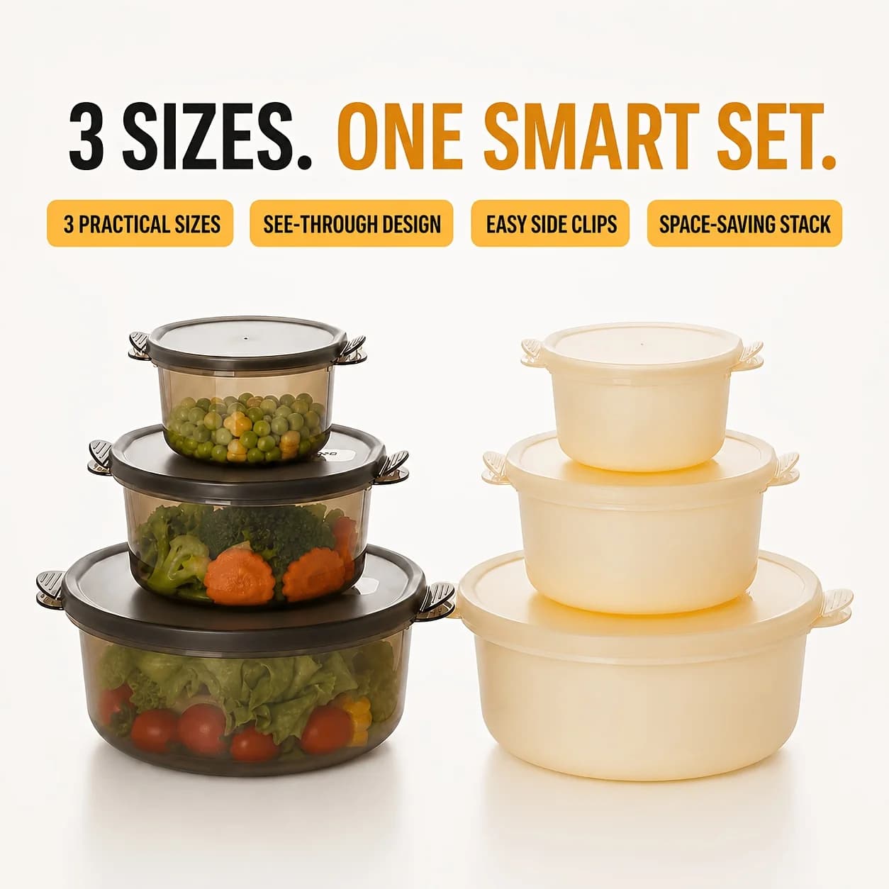 Food Storage Containers with Lids, 3-Piece Stackable Round Meal Prep Container Set for Leftovers & Kitchen Organization, 350ml/8
