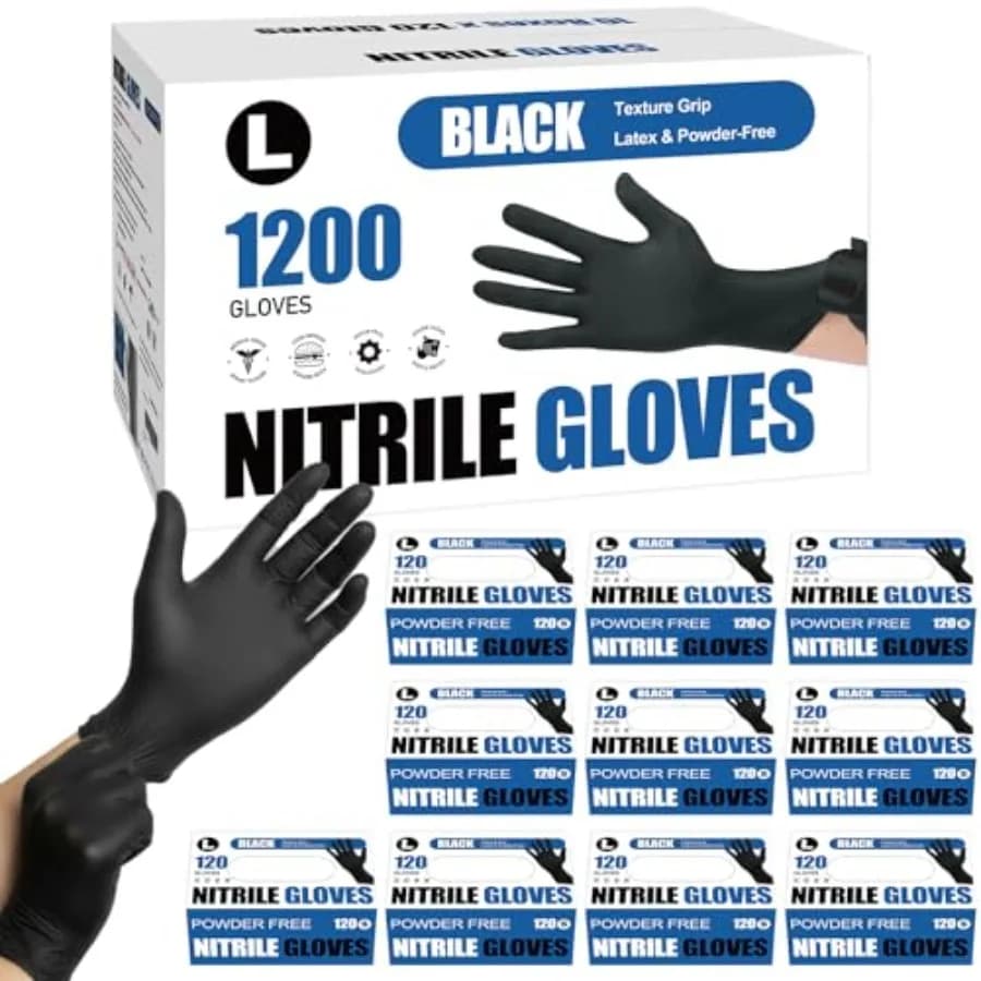 1200 Pezzi Guanti Monouso in Nitrile Nero 4 Mil Senza Lattice Senza Polvere per Cucina, BBQ, Preparazione Alimenti, Pulizia, Automotive S