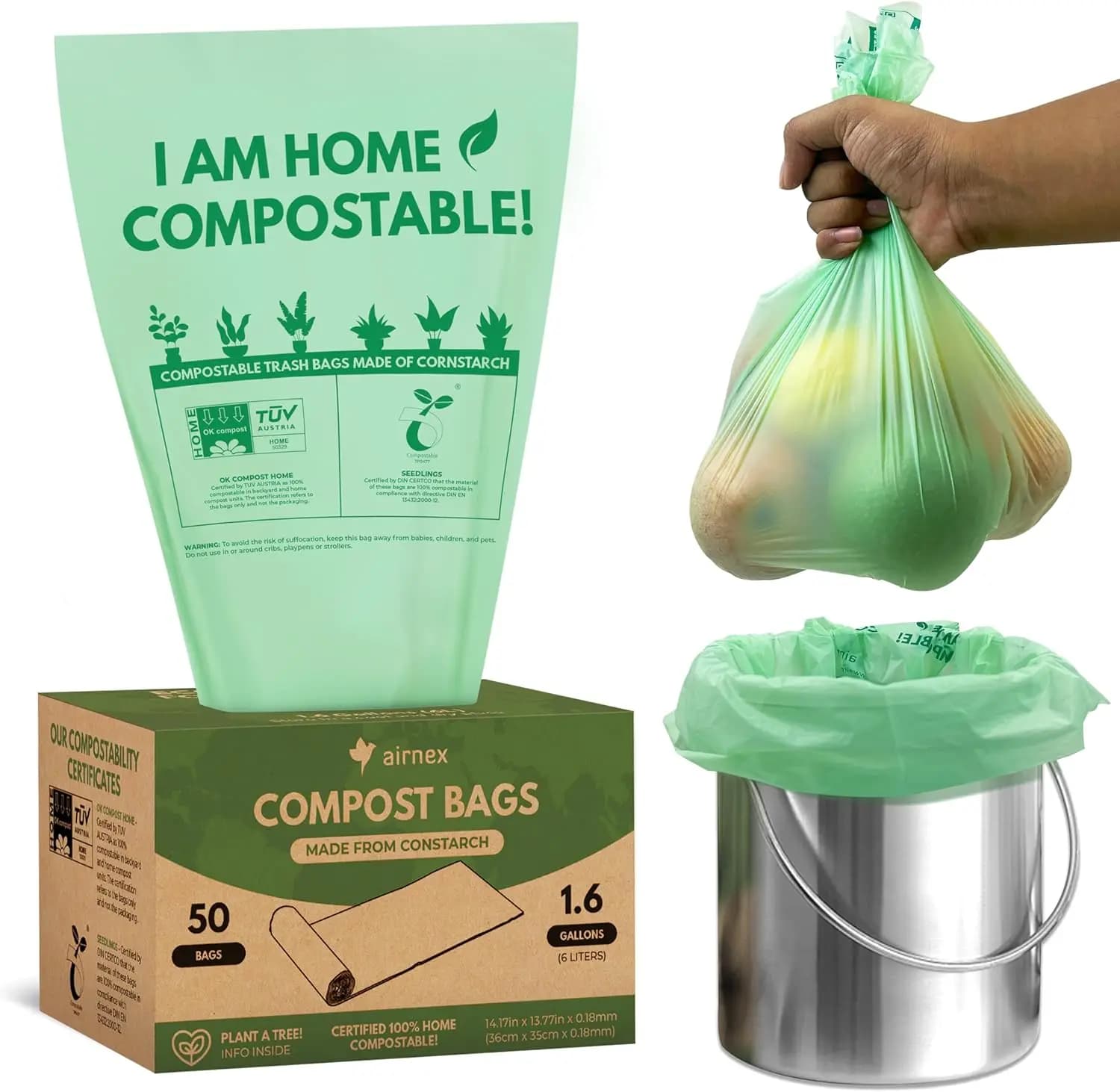1.6 Gal Small Compost Bags for Countertop Bin - 50 Pack Compostable Kitchen Trash Bags with Cornstarch, Leakproof &