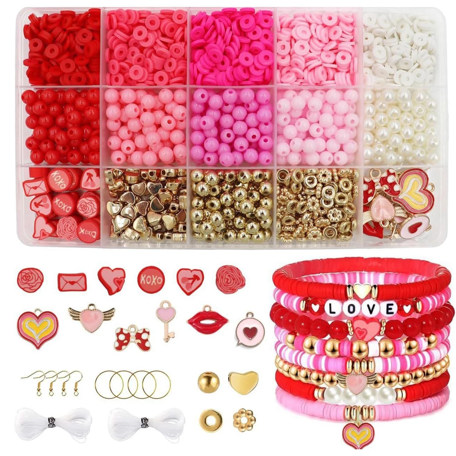 2566 pezzi Kit per la creazione di braccialetti con perline di San Valentino, perline in argilla polimerica fai-da-te, ciondolo con ciondolo Love, per la creazione di gioielli fai-da-te, braccialetti