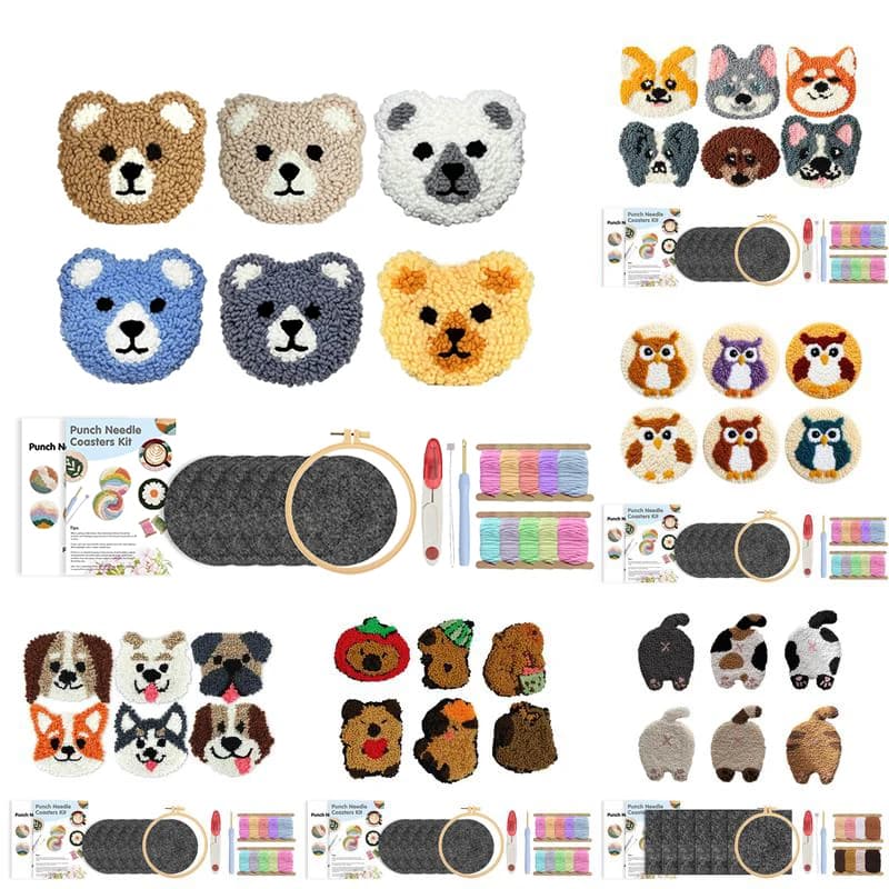 GATYZTORY Cute Bear Pattern Punch Needle Coaster Starter Kits Punch Needle Embroidery Kit Easy Embroidery Needlework Home Decor
