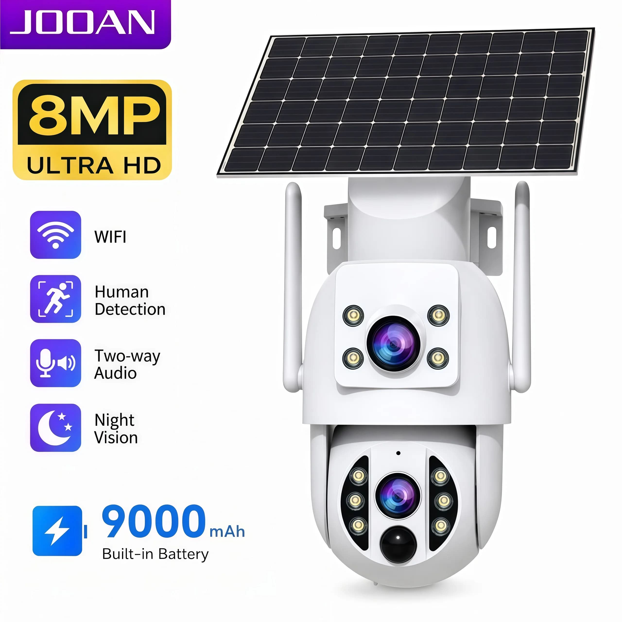 JOOAN 8MP Solar IP Camera Outdoor Dual Lens Human Detection Night Vision PTZ Security Camera Built-in Battery Video Surveillance