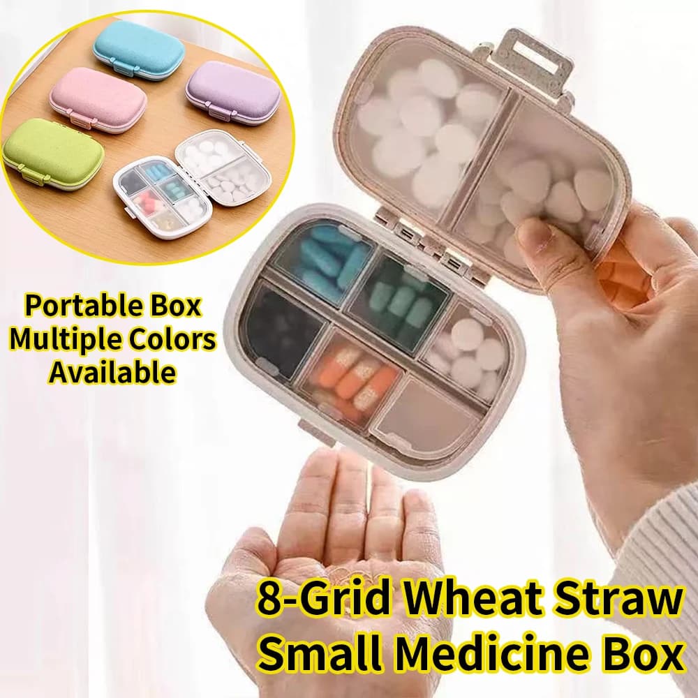Organizzatore Portatile per Pillole a 8 Scomparti, Piccolo Portapillole in Paglia di Grano, Contenitore da Viaggio con Chiusura Ermetica, Contenitore Giornaliero per Vitamine da Tasca