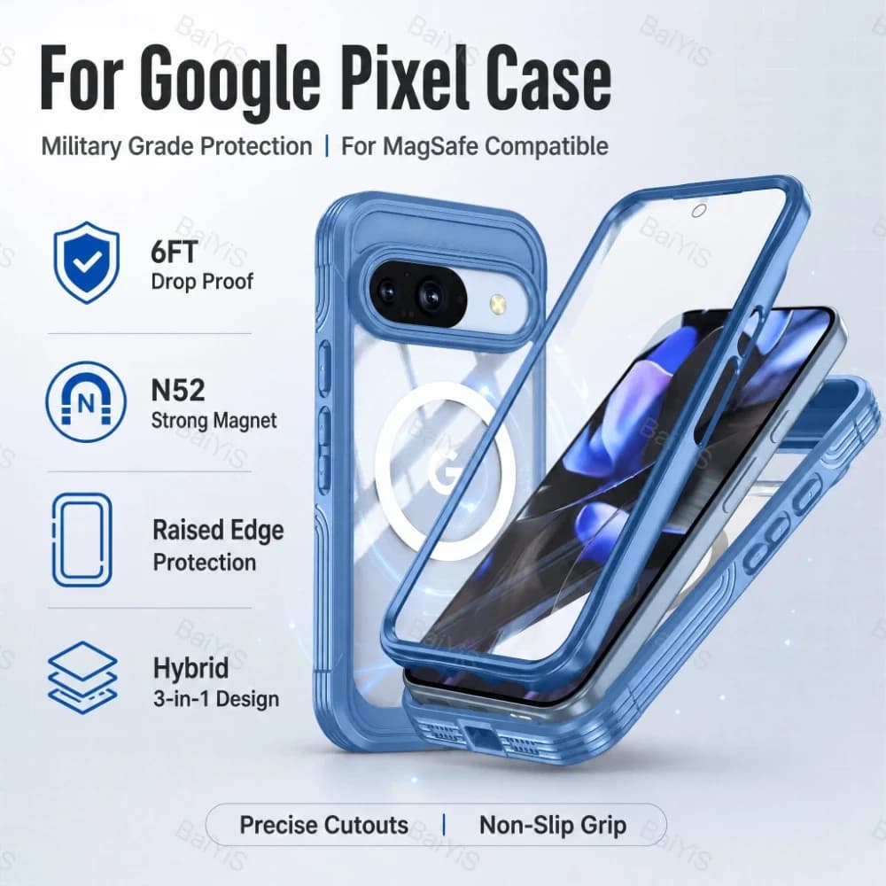 For MagSafe Built-in Screen Protector Raised Camera Bezel Case For Google Pixel 11 10 9 Pro XL 10A 9A Pro 2 IN 1 Clear PC Cover