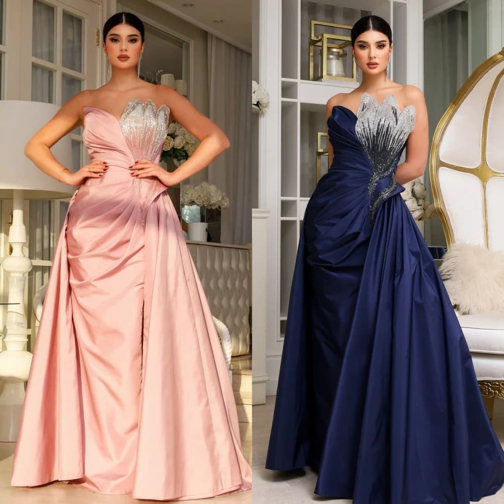 Abiti lunghi senza spalline a trapezio con paillettes drappeggiate con pieghe intricate personalizzate Abiti da cerimonia su misura Abiti eleganti formali