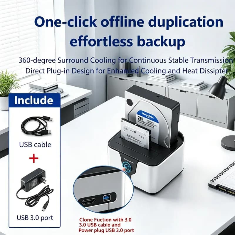 Box per HDD/SSD Durevole con Doppio Slot, Docking Station Aggiornata da SATA a USB 3.0, Adattatore Duplicatore con Clonazione Offline per Dischi da 2.5 e 3.5 Pollici