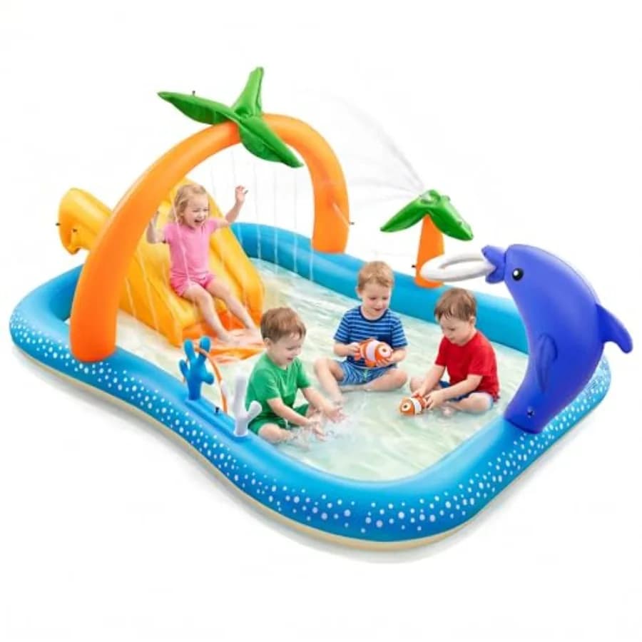 Kiddie Pool with Slide Inflatable Play Center for outdoor water play, PVC material, blue color, includes coconut palm sprinkler